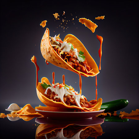 some tacos flying in the air over a plate with chips and ketches on its sidesの素材
