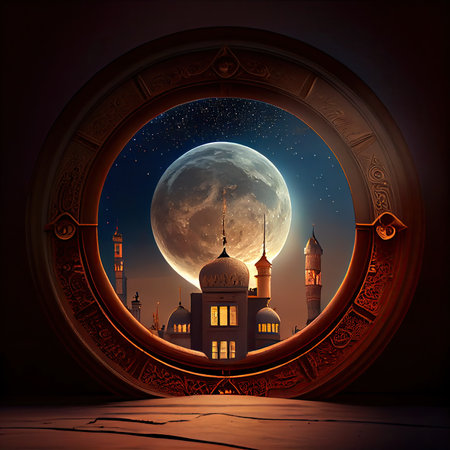 an islamic mosque with the moon shining in the sky and stars on the night sky behind it, as seen through a circular windowの素材