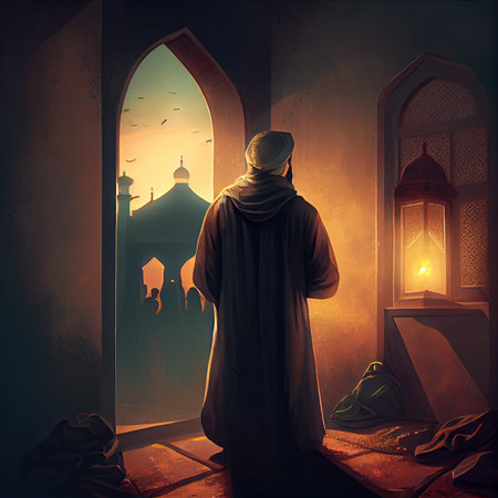 a man standing in front of an open door, looking at the light coming out from his head and handsの素材