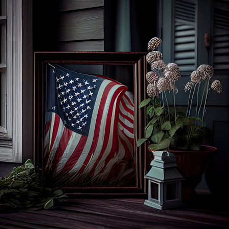 an american flag in a frame on a table next to some plants and a pot with flowers sitting beside itの素材