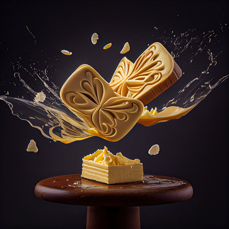 some food that is being thrown in the air and splashing on top of a piece of cake with chocolateの素材