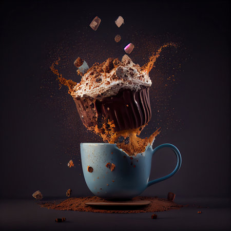 an ice cream cup filled with chocolate and sprinng its in the air, on a black backgroundの素材