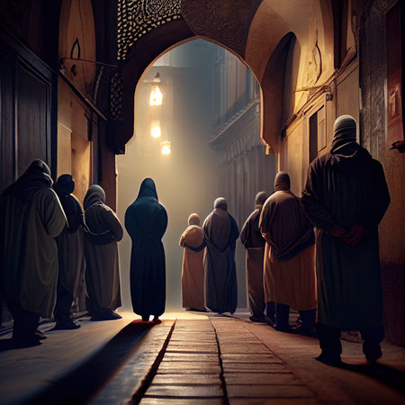 some people standing in the middle of an alley, with one person wearing a white robe and holding a black umbrellaの素材