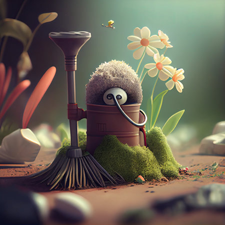 a teddy bear sitting in a flower pot with a broom and spades on the ground next to some flowersの素材