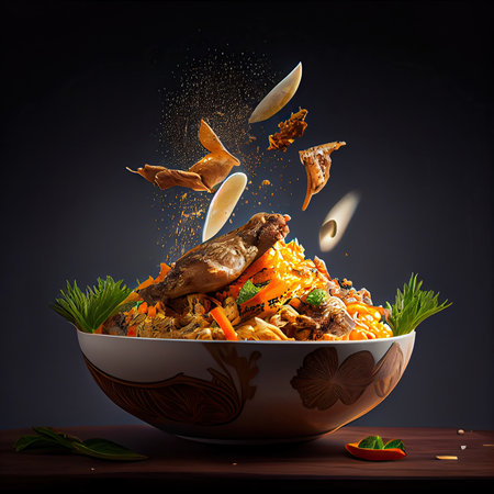 some food in a bowl with spoons and sping it into the bowl, on a wooden table against a dark backgroundの素材