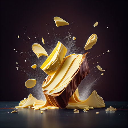chocolate and bananas falling into each other pieces with splashing milk on the surface, in front of a black backgroundの素材