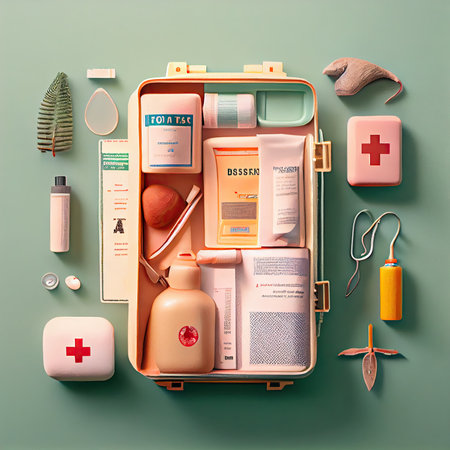 an open suitcase filled with medical supplies on a teal green background the contents are arranged in different shapes and sizesの素材