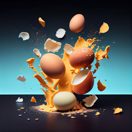 an egg exploding in the air with other eggs scattered around it on a dark blue and black table top backgroundの素材