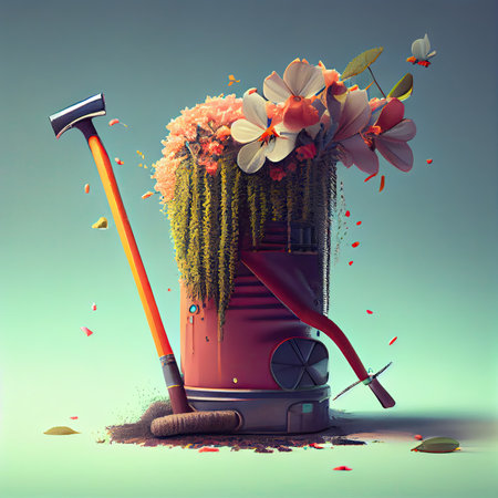 flowers in a red watering pot with an orange shovel and some green leaves on the ground next to it is a blue sky backgroundの素材