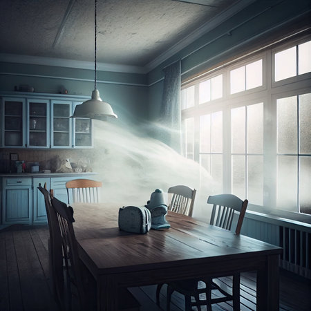 a dining room with a table and chairs in the middle of it being sprayed by water from a spray gunの素材