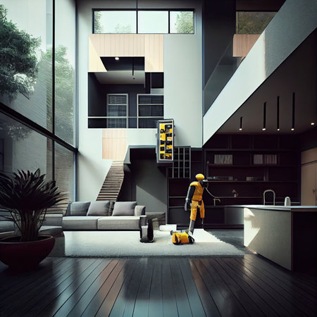 a modern living room with wood flooring and black walls, an orange vacuum cleaner is on the floor in front of the sofaの素材
