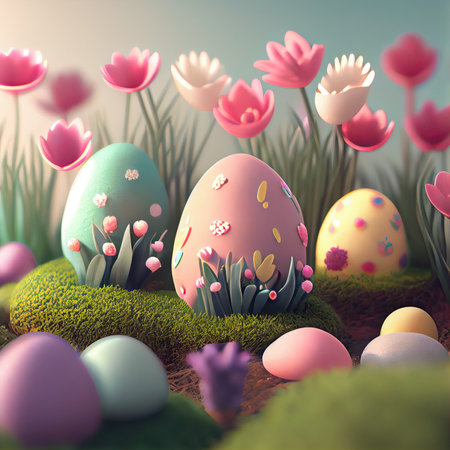 easter eggs in the grass with pink flowers and tulips around them on a blue sky background 3d illustrationの素材