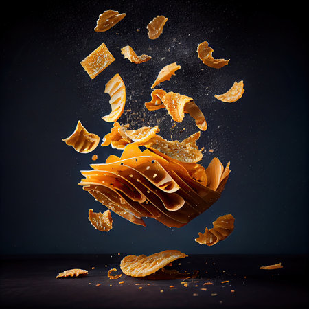 some food that is falling into the air and being tossed over by an orange piece of bread on a black backgroundの素材