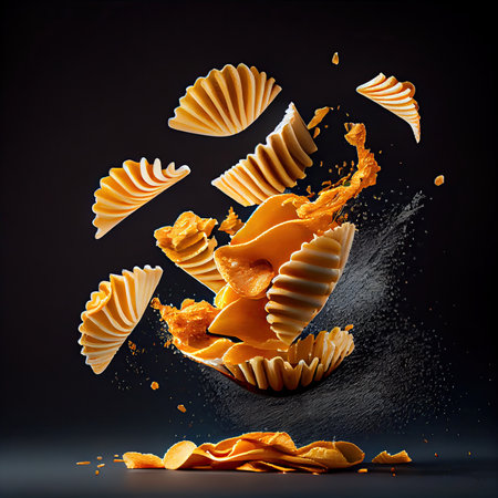 some food that is being thrown in the air on a black background with space for text or an image to beの素材