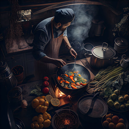 a person cooking food in a kitchen with smoke coming out from the pots and pans on the stoveの素材