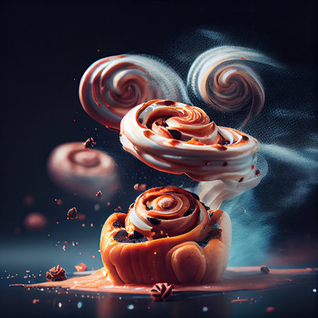 some kind of food that is flying out of the top of an orange and white pumpkin with swirls on itの素材