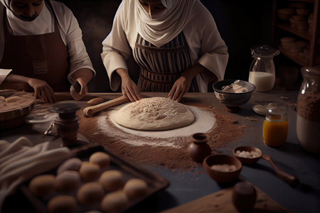 two people in the kitchen preparing doughs and rolling them up on a table with flour, eggs and other ingredientsの素材