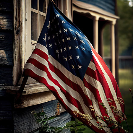 an american flag hanging on the side of a wooden house in rural setting with green grass and trees behind itの素材