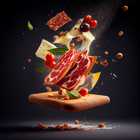 food flying out of a persons hand on a black background with space to the right and left sideの素材