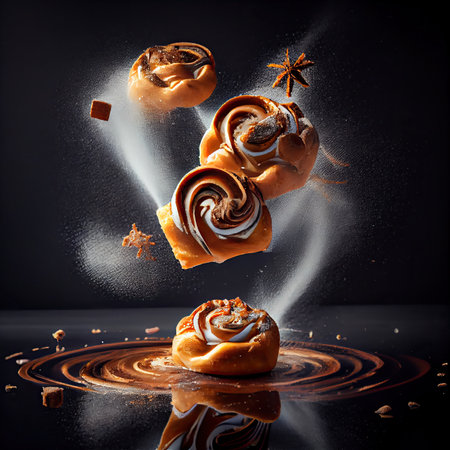 some kind of food flying in the air with chocolate and nuts falling from its top, on a black backgroundの素材
