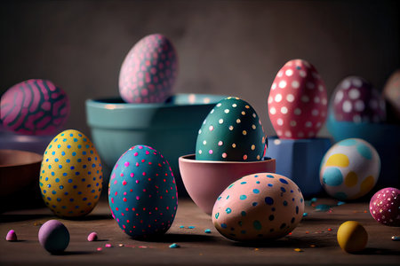 colorfully painted easter eggs on a table with one egg in the middle, and several smaller ones behind itの素材