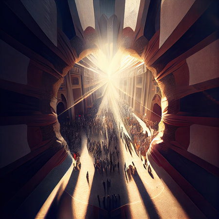 people walking through a tunnel with bright light coming from the entrance to an open space filled with red and white wallsの素材