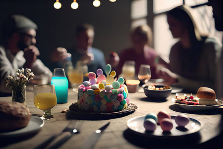 some people sitting at a table with easter eggs and other food on the table in the photo is blurryの素材
