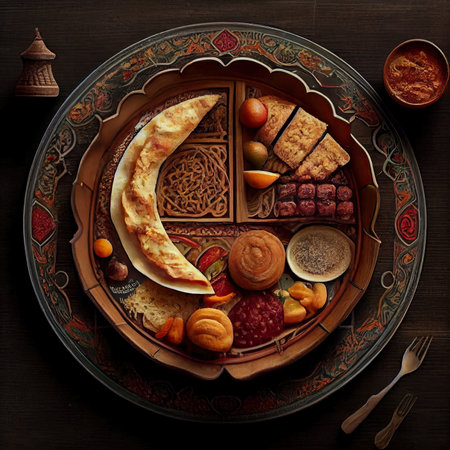 food on a plate with uts and spoons next to the plate is an assortment of meat, cheese, bread, fruitの素材