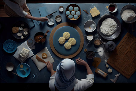 some food on a table with people in the background looking down at one persons head and making cookiesの素材