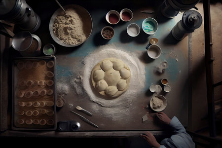 a person making doughs on a table with bowls and spoons in the fore photo is taken from aboveの素材