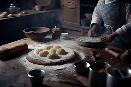 someone kning doughs on a wooden cutting board in the image is blured by the light from the cameraの素材