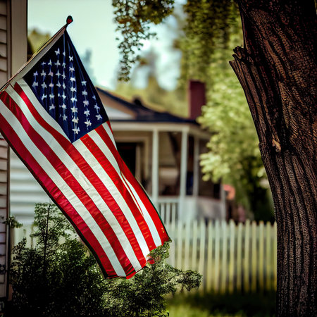 an american flag hanging on a tree in front of a house with a white picketed fence and trees behind itの素材