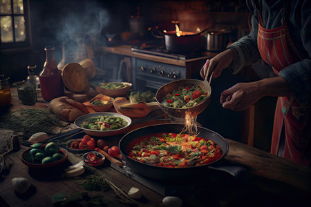 some food being prepared on a wooden table with smoke coming out from the pots and pans in the backgroundの素材