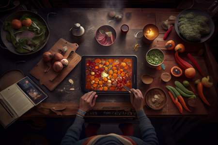 a person sitting at a table with food on it and an ipad in front of them to show off their cooking skillsの素材