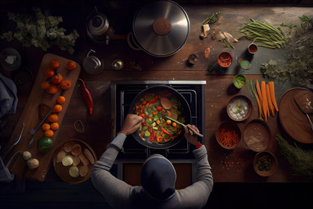 a person cooking vegetables on the stove in front of an electric range oven, surrounded by ingredients and utsの素材