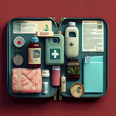 an open suitcase filled with various items and things to be used in the travel bag, on a red backgroundの素材