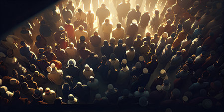 a crowd of people standing in front of a bright light coming from the top of their heads, all looking upの素材