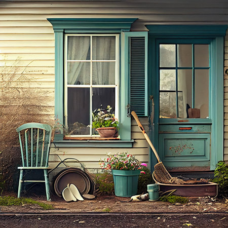 an old house with some flowers in the window sies and gardening equipment on the front yard area, outsideの素材