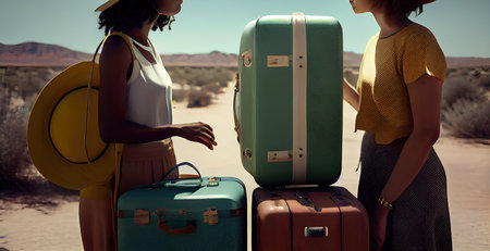 two women standing next to each other suitcases and one is holding a yellow handbag, while the other looks at herの素材
