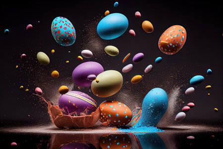 colorful easter eggs with splashing paint on them and water in the background is dark, but there is no imageの素材