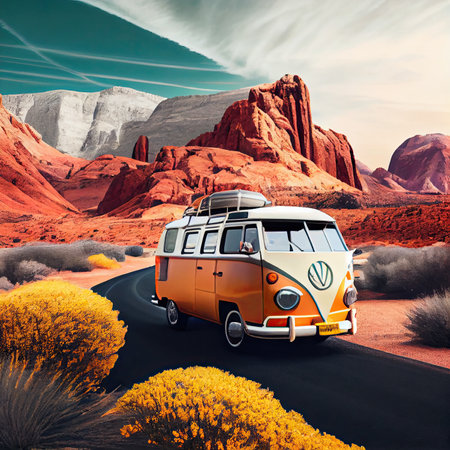 an orange vw camper van driving down a road in the desert with mountains and yellow flowers on either sideの素材