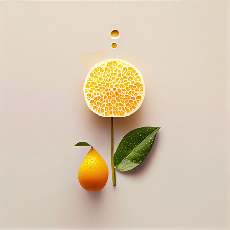 an orange flower with leaves on its stem and two lemons in the middle, against a light grey backgroundの素材