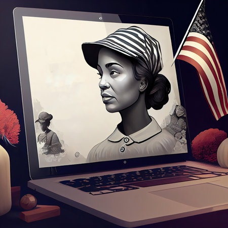 a womans face on a laptop screen with the words we are women, and an american flag in the backgroundの素材