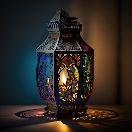 a colorful lantern with an intricate pattern on the top and bottom, sitting on a table in front of a dark backgroundの素材