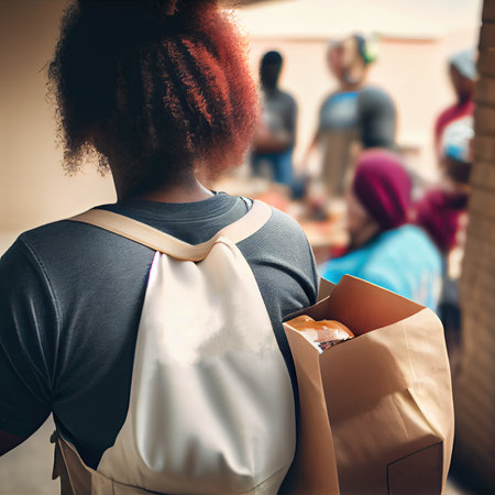 a woman with red hair and an apron on her back, carrying some brown paper bags while others are in the backgroundの素材
