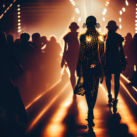 two people walking on a stage with lights shining in the background and silhouettes of their faces projected behind themの素材