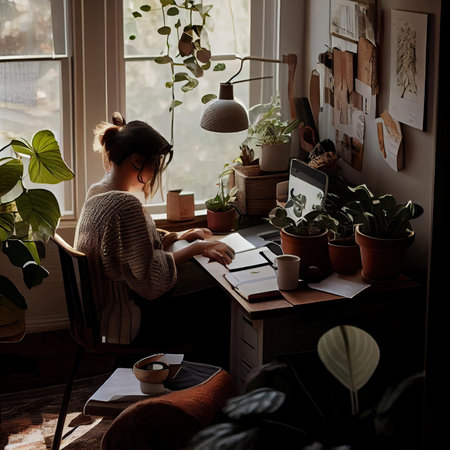 a woman sitting at her desk in front of a window with plants on the windowsill and an open laptopの素材
