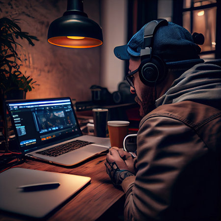 a man sitting in front of a laptop with headphones on, while he looks at his phone and computerの素材