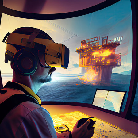 a man wearing headphones and looking at a computer screen with an oil rig in the monitor is on fireの素材