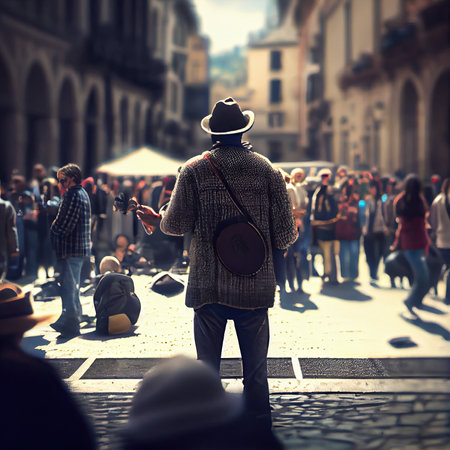 a man standing in the middle of a busy street with people walking around and sitting on the ground behind himの素材